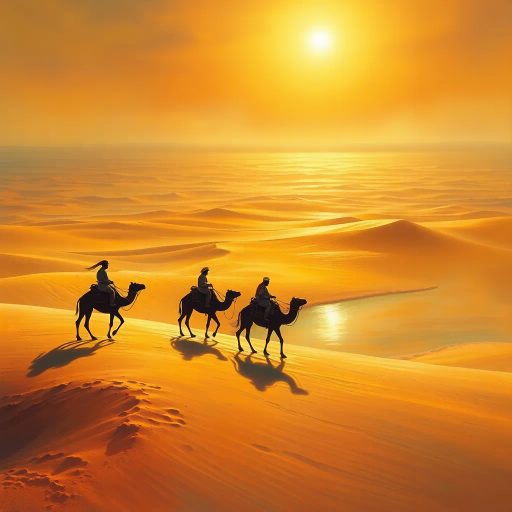 serene oasis, vast desert, men riding camels, vibrant landscapes, ethereal light, warm golden hues, textured sands, Salvador Dalí surrealism, intricate shadows, expansive horizon, ancient journey, mystical ambiance, tranquil waters, reflective mirage, harmonious composition, cultural tapestry, magnificent scale, delicate brushwork, endless expanse, timeless adventure, Middle Eastern influence, dynamic movement, atmospheric perspective