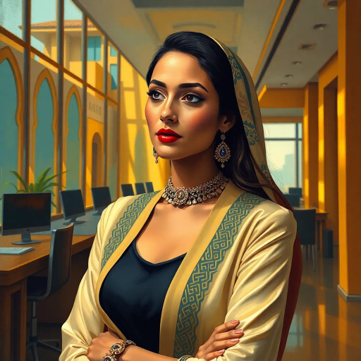 elegant Arab woman, modern office, vibrant colors, intricate patterns, Henri Matisse influences, dynamic composition, warm lighting, Middle Eastern architecture, flowing fabric, contemporary fashion, professional setting, cultural richness, confident demeanor, ornate jewelry, introspective mood, intricate details, urban environment, cultural symbolism, artistic expression, golden hues, expressive brushstrokes
