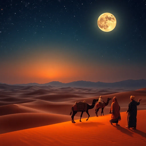 Arabian night, intricate patterns, vibrant textiles, desert landscape, mystical atmosphere, starry sky, camel caravan, soft moonlight, Lawrence of Arabia, ornamental geometry, warm tones, spirited nomads, Ibn Battuta influence, golden sands, flowing robes, rich culture, Oud music, enchanting tales, medieval bazaar, lush oasis, caravanserai, spice routes, exotic perfumes, calligraphic elegance, crescent shapes, romantic allure, Sumptuous textures