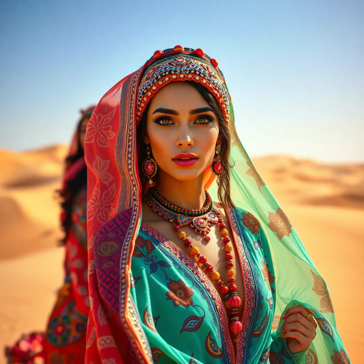 Arabian nights, vibrant colors, intricate patterns, gold accents, Henri Matisse, warm desert tones, graceful movement, rich textiles, cultural tapestry, surrealism, exotic elegance, moonlit sands, flowing fabrics, mystical allure, contemporary interpretation, shimmering heat, lush oasis, dynamic composition, sensual poise, atmospheric glow, dreamlike ambience