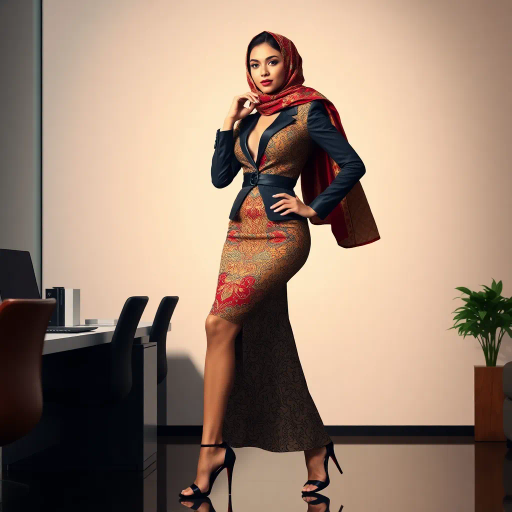 elegant Arab woman, professional attire, hijab, modern workplace, high heels, contrasting cultural fusion, vibrant Middle Eastern influences, contemporary art style, dynamic composition, intricate patterns, vibrant color palette, soft ambient lighting, dynamic posing, cultural expression, delicate textiles, confident and empowering presence, grace, poise, diverse representation, fusion of modern and traditional elements, Impressionism influences, human form depiction, advanced digital techniques, refined textures, bold symbolism, artistic influences, balance, harmony, surreal lighting, empowered femininity, Gustav Klimt inspiration, Art Nouveau elegance, intricate detailing, cultural narrative, sophisticated sophistication, modernism, representation and empowerment