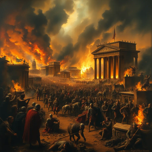 Visigoths, ancient Rome, chaotic cityscape, dramatic lighting, chiaroscuro, tumultuous emotions, historical drama, vivid storytelling, Alaric I, dark, somber tones, rubble and ruins, intricate detail, historical textiles, Renaissance influence, dynamic composition, expressive brushwork, historical artifacts, cultural collision, atmospheric tension, turbulent skies, Baroque intensity, rich textures, epic scale, classical architecture, aura of desolation, historical narrative, monumental scale, layers of history, pathos and loss