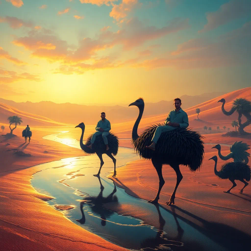 serene oasis, men riding cassowaries, vibrant desert hues, Salvador Dali surrealism, mystical sands, twilight glow, soft shadows, illusionary shapes, exotic flora, dynamic movement, Mesopotamian influence, mythical creatures, reflective water, intricate textures, narrative landscape, epic storytelling, dreamlike atmosphere, imaginative exploration, juxtaposition of nature and fantasy