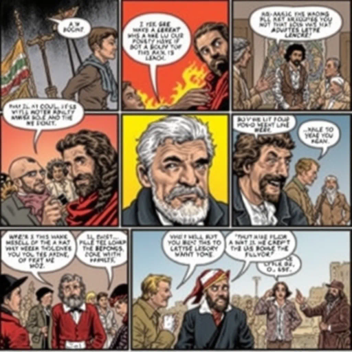 historical figures, societal evolution, vibrant panels, narrative storytelling, educational themes, dramatic angles, cultural diversity, educational impact, political cartoons, social commentary, expressive characters, dynamic line work, historical settings, sequential art, engaging dialogue, didactic tone, cultural richness, informative visuals, symbolic imagery, period attire, representational drawing, social conflict, historical context, art spiegelman, action-packed frames, vibrant colors, contemplative mood, panel transitions