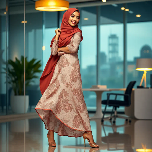 Arab lady, hijab, professional setting, elegance, modern workplace, high heels, grace, long legs, contemporary fashion, vibrant colors, Henri Matisse, impressionistic lighting, cultural fusion, confident composition, smooth textures, chic office attire, dynamic pose, minimalistic design, elegance, bustling office, refined aesthetics, empowerment, subtle sophistication, urban environment, creative space, harmony in diversity, timeless beauty, lateral perspective, graceful movement, cross-cultural artistry, sleek lines