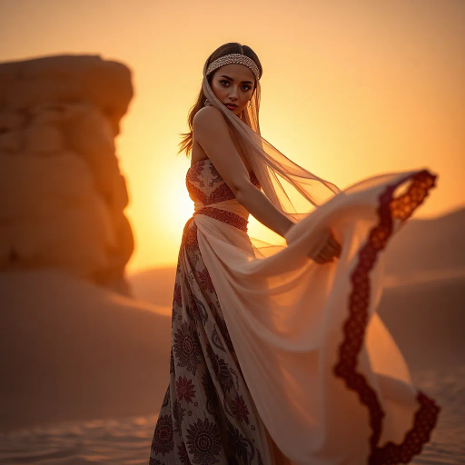 Arab beauty, modern elegance, desert oasis, golden hour lighting, Henri Matisse, Yves Saint Laurent, vibrant colors, intricate patterns, delicate textures, sun-kissed skin, exotic allure, cultural richness, flowing lines, sensual movement, warm tones, harmonious composition, romantic ambiance, visual poetry, timeless grace, captivating allure, seductive composition, ethereal mood, desert mirage, artistic flair, Arabic cultural motifs, expressive body language, chiaroscuro lighting, sleek silhouettes, luxurious textures, feminine power, refined grace, Vermeer-inspired, contemporary realism, poised demeanor, artistic serenity, dynamic perspective