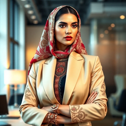elegant Arab woman, professional attire, hijab, modern workplace, high heels, contrasting cultural fusion, vibrant Middle Eastern influences, contemporary art style, dynamic composition, intricate patterns, vibrant color palette, soft ambient lighting, dynamic posing, cultural expression, delicate textiles, confident and empowering presence, grace, poise, diverse representation, fusion of modern and traditional elements, Impressionism influences, human form depiction, advanced digital techniques, refined textures, bold symbolism, artistic influences, balance, harmony, surreal lighting, empowered femininity, Gustav Klimt inspiration, Art Nouveau elegance, intricate detailing, cultural narrative, sophisticated sophistication, modernism, representation and empowerment