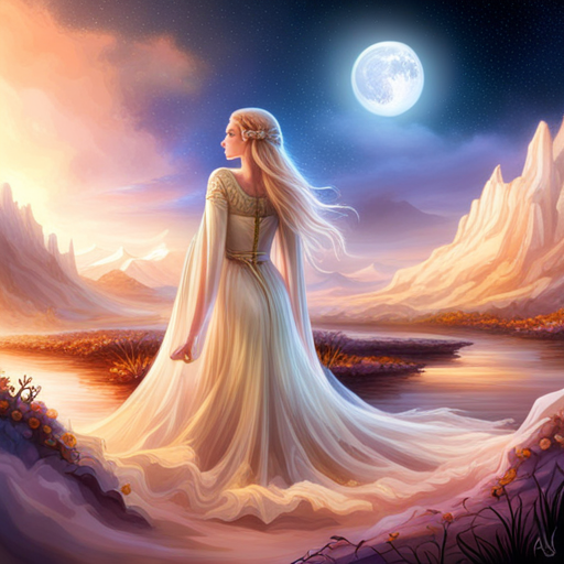 mystical, enchantress, ethereal, flowing robes, magical, radiant, glowing, surreal, otherworldly, feminine power, moonlight, whimsical, dreamlike, intricate details, fantasy realm, mythical creatures, elven beauty, ancient magic, spellbinding, otherworldly landscape