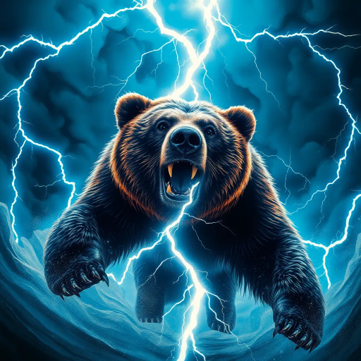 lightning, strike, bear, dynamic, energy, storm, natural phenomenon, power, awe-inspiring, dramatic lighting, modern surrealism, vivid colors, electric blues, whites, thunderous backdrop, motion, Henri Rousseau, texture, fur details, force of nature, symbolism, dominance, nature's fury, perspective, low angle, ephemeral, contrast, electric glow, jagged shapes, mythological aura, wild, untamed spirit, atmospheric intensity, ethereal influence, bold composition