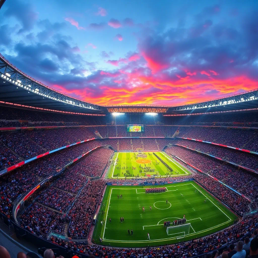 majestic, football stadium, panoramic view, vibrant energy, modern architecture, vast crowd, immersive atmosphere, dynamic lighting, vivid colors, iconic sports venue, dramatic sky, high-detailed textures, lively movement, cultural spectacle, wide-angle perspective, epic scale, contemporary design, exhilarating moment, sporting tradition, architectural grandeur