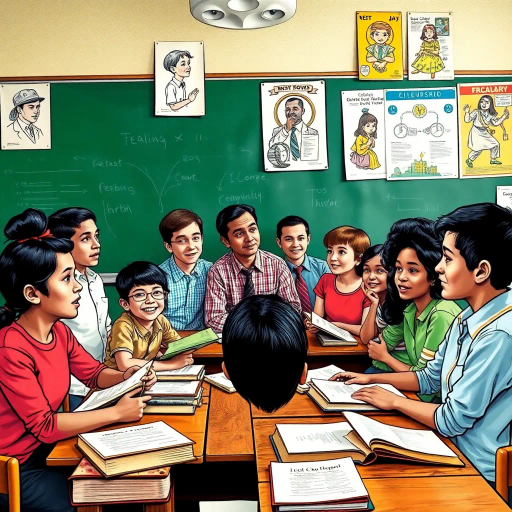 vintage classroom, diverse students, learning, educational setting, 1960s era, engaging discussion, vibrant illustrations, colorful posters, detailed expressions, animated gestures, multicultural elements, historical influences, knowledge exchange, worn textbooks, chalkboard backdrop, community spirit, dynamic poses, bright hues, ink outlines, cultural artifacts, lively composition, intellectual curiosity, thoughtful dialogue, educational journey, iconic teachers, sense of discovery, narrative flow