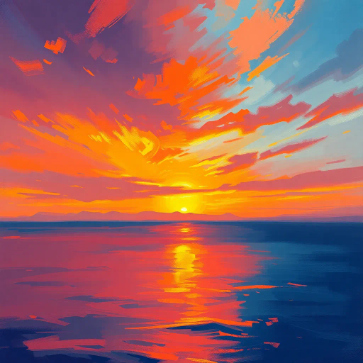 vivid sunset, Claude Monet, impressionist brushstrokes, warm gradient hues, golden hour lighting, serene horizon, vast skies, tranquil sea, delicate reflections, vibrant oranges and purples, atmospheric depth, emotional tranquility, expansive composition, ethereal glow, immersive perspective, fleeting beauty, nature's grandeur, captivating serenity, impressionism influence, dynamic contrasts, expressive use of color, poetic stillness, gentle transitions, horizon's embrace, colorful palette