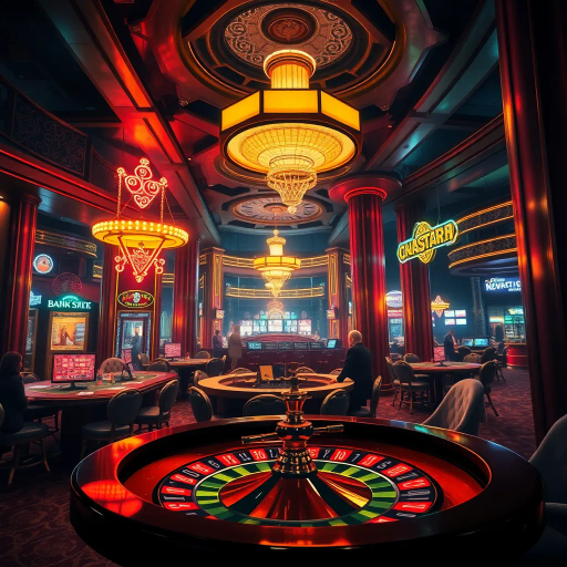 casino ambience, realism, vibrant colors, intricate details, neon lights, Edward Hopper influence, chiaroscuro lighting, luxurious interiors, Art Deco, lively atmosphere, dynamic composition, reflections, high stakes, gambling elements, rich textures, opulent materials, card games, roulette wheel, perspective depth, dramatic tension, immersive experience, cinematic framing, atmospheric mood