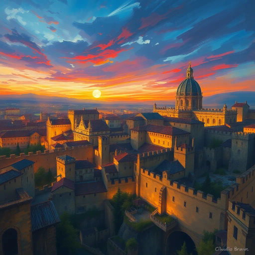 medieval metropolis, elevated landscape, ethereal glow, vivid twilight, impressionistic brushwork, Claudio Bravo, magical realism, historical architecture, vibrant colors, atmospheric depth, birds-eye view, dynamic skyline, ancient walls, intricate details, storytelling symbols, cultural tapestry, dramatic lighting, architectural harmony, expansive perspective, mythical elements