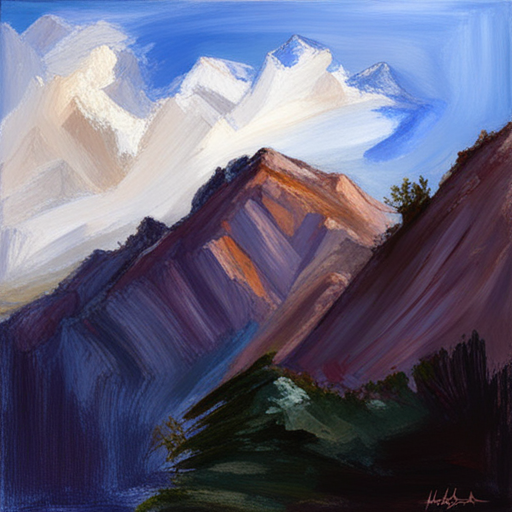 majestic peaks, rugged terrain, atmospheric perspective, muted colors, Impressionism, Hudson River School, light and shadow, texture, acrylic paint, naturalism, serenity, grandeur, scale, plein air, rocky outcroppings, dramatic sky, asymmetry, depth, soft brushstrokes, tranquility