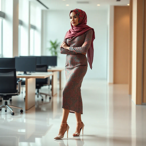 Arab woman, elegant hijab, professional setting, modern workplace, high heels, Middle Eastern culture, contemporary art, intricate patterns, vibrant colors, soft lighting, dynamic pose, cultural expression, delicate fabrics, office environment, confident demeanor, sophisticated fashion, grace and poise, diverse representation, cultural fusion, empowerment, modernism, Impressionism influences, human form, balance and harmony, Henri Matisse, vibrant palette, fluid lines, cultural synthesis, elegance and strength, expressive movement, textured surfaces, artistic grace, nuanced composition