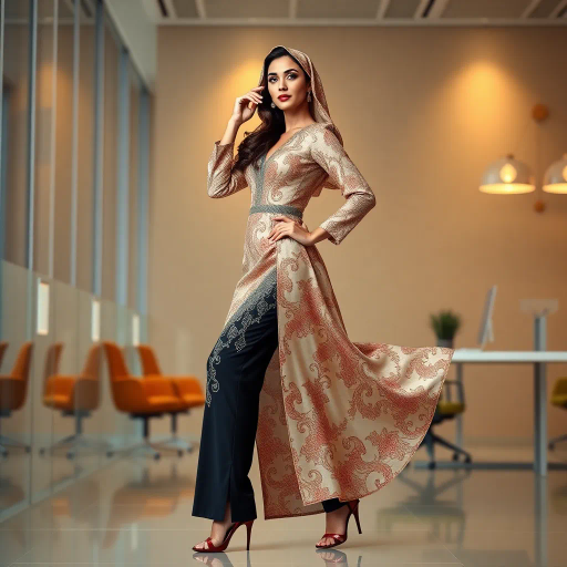 elegant Arab woman, professional attire, hijab, modern workplace, high heels, contrasting cultural fusion, vibrant Middle Eastern influences, contemporary art style, dynamic composition, intricate patterns, vibrant color palette, soft ambient lighting, dynamic posing, cultural expression, delicate textiles, confident and empowering presence, grace, poise, diverse representation, fusion of modern and traditional elements, Impressionism influences, human form depiction, advanced digital techniques, refined textures, bold symbolism, artistic influences, balance, harmony, surreal lighting, empowered femininity, Gustav Klimt inspiration, Art Nouveau elegance, intricate detailing, cultural narrative, sophisticated sophistication, modernism, representation and empowerment