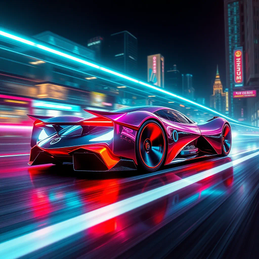 futuristic automobile design, inspired by Syd Mead and H.R. Giger, cybernetic aesthetic, dynamic movement, vibrant neon lights, high contrast shadows, aerodynamic curves, metallic and glossy textures, immersive depth, innovative design, urban and dystopian cityscape, night setting, bold and vibrant color palette, capturing speed and kinetic energy, seamless integration, avant-garde technological elegance, dramatic angles, expansive composition, synthwave and cyberpunk influences, sleek sports car, atmospheric glow and reflections, cutting-edge technology, streamlined and sleek aerodynamics, retro-futuristic elements, contrast, depth, and racing spirit, dramatic lighting, glossy and chrome finish, smooth curves, modern aesthetics, cultural fusion, conceptual innovation, visual impact