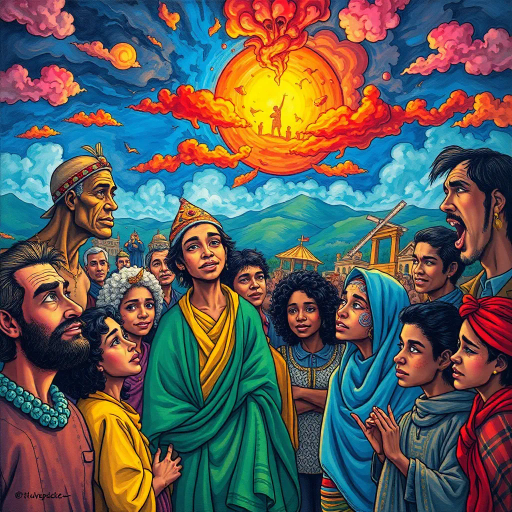 vibrant colors, dynamic storytelling, inclusivity, cultural tapestry, Norman Rockwell inspiration, pop art, exaggerated expressions, diverse society, cultural references, from ancient to modern times, narrative depth, detailed line work, symbolic representation, community interactions, human connections, socio-political commentary, visual dialogue, layered storytelling, diverse landscapes, time progression, educational themes, social awareness, engaging atmosphere, rich textures, thought-provoking, contemporary relevance, illustrative style, detailed composition