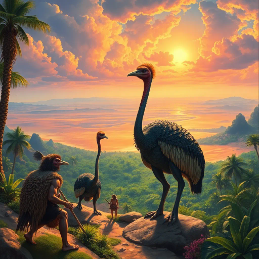 prehistoric warriors, animal pelts, dinosaur-like cassowaries, verdant oasis, expansive desert horizon, dramatic lighting, vibrant colors, surreal landscape, Jean Giraud, Maurice Sendak, Maxfield Parrish, intricate textures, ancient mythology, dynamic movement, cinematic scale, whimsical creatures, prehistoric flora, adventurous mood, imaginative world-building, fantastical adventure, rich detail, atmospheric depth, Henri Rousseau, expressive brushstrokes, epic scale, cultural symbolism, untamed wilderness, mythical narrative, primal energy, vivid colors, panoramic view, lavish detailing, storytelling composition, prehistoric visual storytelling, fusion of history and fiction, ethereal atmosphere, convergence of eras