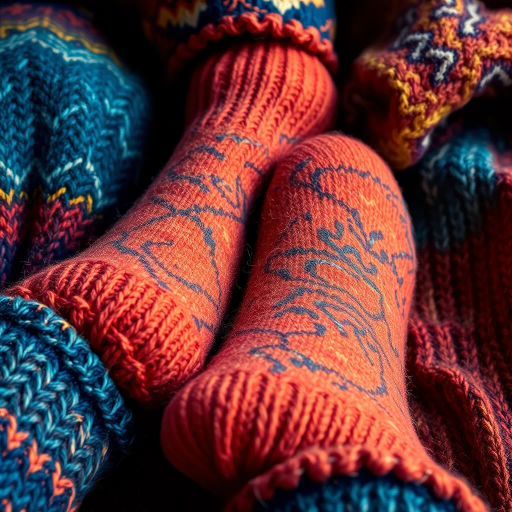 cozy woolen socks, textured fabric, warm hues, abstract patterns, intricate knitting, soft fibers, comfort and warmth, playful colors, vibrant design, homey atmosphere, Van Gogh inspired, impressionism, dynamic brushstrokes, bold outlines, surreal twist, homely touch, gentle gradients, artistic flair, Leo Villareal influences, illuminated highlights, fabric realism, detailed close-up