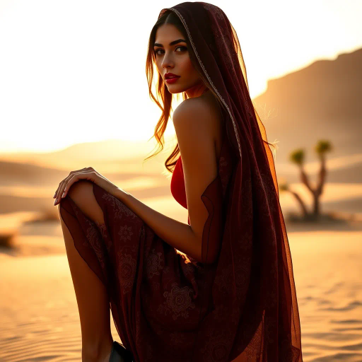 Arab beauty, modern elegance, desert oasis, golden hour lighting, Henri Matisse, Yves Saint Laurent, vibrant colors, intricate patterns, delicate textures, sun-kissed skin, exotic allure, cultural richness, flowing lines, sensual movement, warm tones, harmonious composition, romantic ambiance, visual poetry, timeless grace, captivating allure, seductive composition, ethereal mood, desert mirage, artistic flair, Arabic cultural motifs, expressive body language, chiaroscuro lighting, sleek silhouettes, luxurious textures, feminine power, refined grace, Vermeer-inspired, contemporary realism, poised demeanor, artistic serenity, dynamic perspective