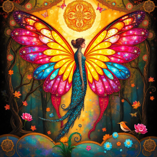 iridescent wings, ethereal glow, vivid colors, intricate patterns, Baroque details, Gustave Klimt, surreal landscape, soft luminosity, enchanted forest, delicate textures, metamorphosis theme, Art Nouveau, whimsical essence, dreamlike atmosphere, delicate symmetry, celestial aura, vivid hues, imaginative realm, mystical transformation, ornate embellishments