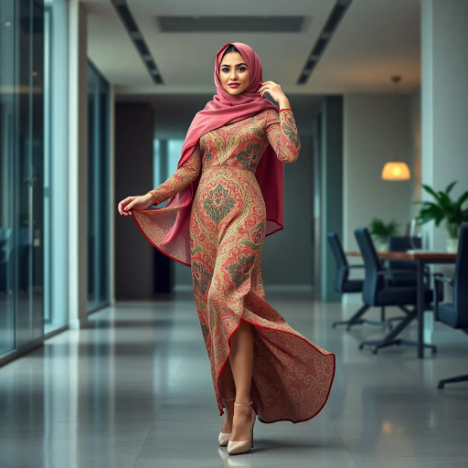 Arab woman, elegant hijab, professional setting, modern workplace, high heels, Middle Eastern culture, contemporary art, intricate patterns, vibrant colors, soft lighting, dynamic pose, cultural expression, delicate fabrics, office environment, confident demeanor, sophisticated fashion, grace and poise, diverse representation, cultural fusion, empowerment, modernism, Impressionism influences, human form, balance and harmony, Gustav Klimt, Henri Matisse, vibrant palette, fluid motion, intricate detailing, cultural richness, modern elegance, artistic expression, refined textures, harmony in balance, expressive gestures, contemporary grace, vibrant dynamics, Impressionistic touches