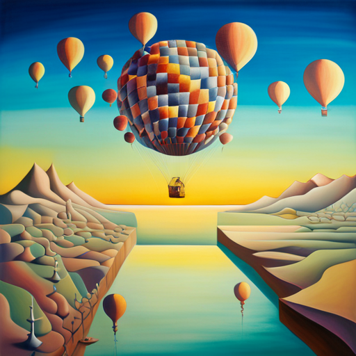 surreal, dreamlike, vibrant, whimsical, ethereal, fantasy, imagination, Salvador Dali, abstract, otherworldly, floating, mythical, enchanting, oversized, panoramic, kaleidoscopic, magical realism, pastel colors, soft textures, oil painting, fantastical creatures, flying, vastness, fantasy landscape, celestial, wonder, hot air balloon, colorful, big, landscape