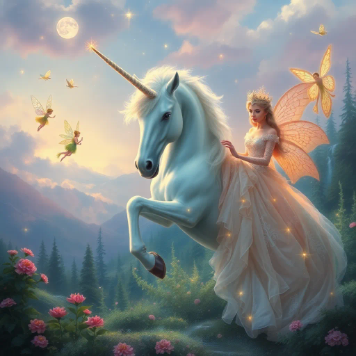 mythical unicorn, enchanting fairies, regal princess, ethereal glow, soft pastels, dreamlike landscape, intricate detail, romanticism, whimsical essence, magical realism, baroque influences, delicate brushstrokes, shimmering textures, enchanted forest, twilight ambiance, ethereal beauty, imaginative composition, vibrant flora, surreal atmosphere, celestial light, fairytale dimension, gentle aura, serene emotion, opulent attire, mystical symbolism, fantasy narrative, luminous glow, vibrant pastel colors, whimsical landscapes, luminescent wings, flowing gowns, stardust, Arthur Rackham, Johann Christian Dahl, ethereal luminosity, dreamy composition, celestial aura, timeless fantasy, iridescent tones, storybook charm, moonlit scenery, shimmering waterfalls, mystical ambiance