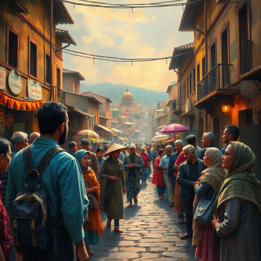 vibrant community, storytelling, historical context, diverse cultures, sociopolitical landscapes, human interaction, emotional depth, urban environments, educational themes, societal evolution, thought-provoking dynamics, intricate details, cultural artifacts, harmonious composition, lively textures, impressionist influences, warm and cool palettes, narrative-driven, immersive experience, educational impact, societal reflection, dynamic scale, architectural elements, symbolic representation