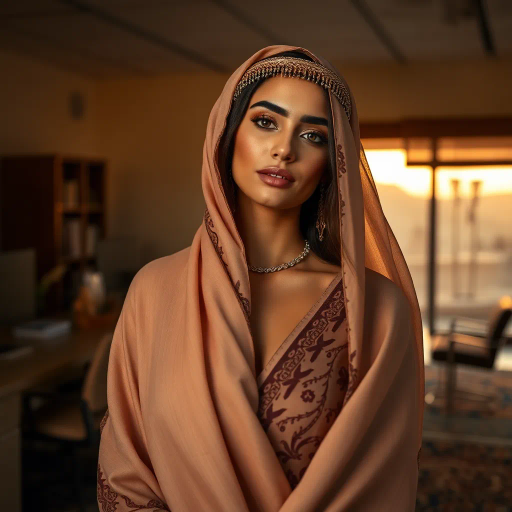 alluring Arab beauty, modern elegance, Henri Matisse inspiration, Yves Saint Laurent influence, desert oasis backdrop, office environment, golden hour and chiaroscuro lighting, vibrant and warm earth tones, luxurious textures, intricate patterns, traditional Middle Eastern motifs, exotic allure, cultural richness, flowing lines, sensual movement, feminine power, refined grace, harmonious composition, romantic ambiance, visual poetry, timeless grace, captivating portraits, seductive composition, ethereal mood, desert mirage, artistic flair, expressive body language, sophisticated minimalism, textural contrast, dynamic perspective, poised demeanor, artistic serenity, contemporary realism, nuanced textures, stylish composition, captivating allure, enchanting aura