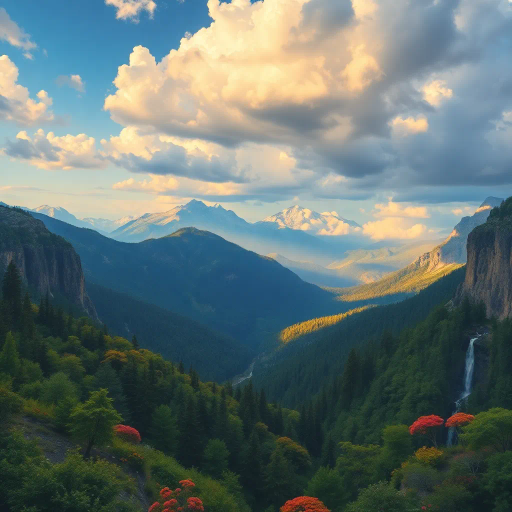 expansive landscapes, majestic mountains, serene forests, vibrant flora, lush valleys, cascading waterfalls, panoramic views, ethereal lighting, dramatic sky, intricate details, impressionistic brushwork, harmonious colors, grand scale, immersive atmosphere, pristine wilderness, Ansel Adams, golden-hour lighting, the Sublime, vibrant foliage, painterly strokes, awe-inspiring skylines, rugged terrain, soft pastel tones, ecological diversity, tranquility, nature's grandeur, luminous atmosphere, untouched beauty, American Romanticism, immersive scale, visual poetry, Caspar David Friedrich, atmospheric perspective, dramatic vistas, idyllic scenes, serene tranquility, intricate details, inspired by, harmonious colors