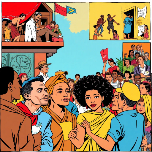 historical moments, cultural diversity, detailed illustration, vibrant colors, social interaction, community life, symbolic representation, narrative storytelling, expressive characters, educational theme, John Romita style, dynamic composition, bold outlines, educational narrative, engaging scenes, human rights, societal evolution, cultural heritage, unity and diversity, metaphorical elements, panels and frames, visual storytelling, impactful imagery, informative content