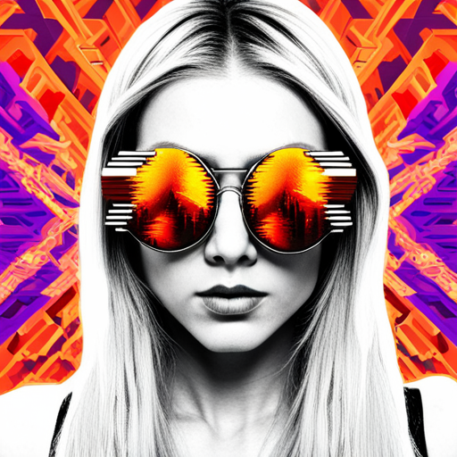 glitchy, neon, cyberpunk, futuristic, augmented reality, metallic accents, edgy, sunglasses, Burning Man, retrofuturistic, post-apocalyptic, dystopian, rave culture, biomechanical, glitch art, electric, High-tech eyewear, Fire-inspired fashion, Futuristic festival, Radial symmetry, Burnt orange, Mirrored lenses, UV protection, Industrial chic, Multidimensional shapes