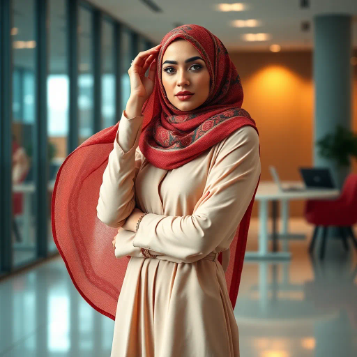 elegant Arab woman, professional attire, hijab, modern workplace, high heels, contrasting cultural fusion, vibrant Middle Eastern influences, contemporary art style, dynamic composition, intricate patterns, vibrant color palette, soft ambient lighting, dynamic posing, cultural expression, delicate textiles, confident and empowering presence, grace, poise, diverse representation, fusion of modern and traditional elements, Impressionism influences, human form depiction, advanced digital techniques, refined textures, bold symbolism, artistic influences, balance, harmony, surreal lighting, empowered femininity, Gustav Klimt inspiration, Art Nouveau elegance, intricate detailing, cultural narrative, sophisticated sophistication, modernism, representation and empowerment