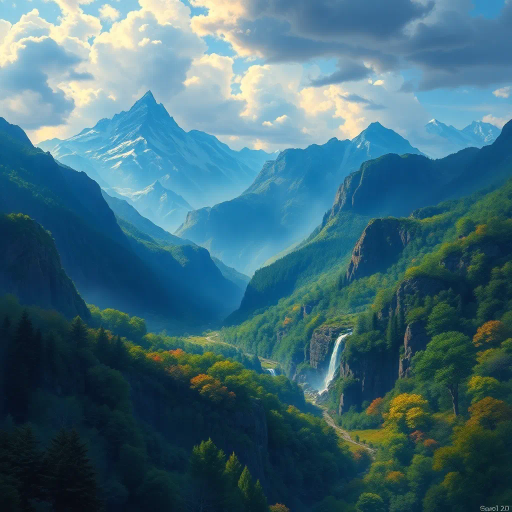 expansive landscapes, majestic mountains, serene forests, vibrant flora, lush valleys, cascading waterfalls, panoramic views, ethereal lighting, atmospheric perspective, rich textures, dramatic sky, natural beauty, serene tranquility, breathtaking vistas, intricate details, inspired by Caspar David Friedrich, impressionistic brushwork, harmonious colors, idyllic scenes, grand scale, immersive atmosphere, romanticism, luminous glow, dreamlike composition, mystical ambiance, enchanted realms, verdant hues, awe-inspiring scenery, sublime beauty, mythical creatures, magical essence, timeless elegance, poetic inspiration