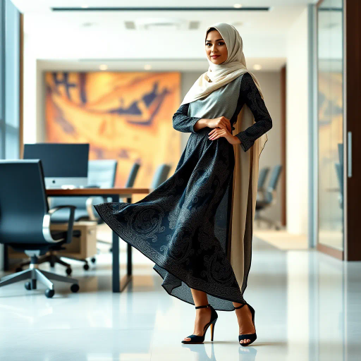 Arab woman, elegant hijab, professional setting, modern workplace, high heels, Middle Eastern culture, contemporary art, intricate patterns, vibrant colors, soft lighting, dynamic pose, cultural expression, delicate fabrics, office environment, confident demeanor, sophisticated fashion, grace and poise, diverse representation, cultural fusion, empowerment, modernism, Impressionism influences, human form, balance and harmony, Claude Monet influences, Henri Matisse color palette, stylized elegance, cultural empowerment, vibrant textiles, nouveau influences, dramatic composition, soft textures, contemporary cultural fusion, intricate detailing, vibrant and dynamic portrayal
