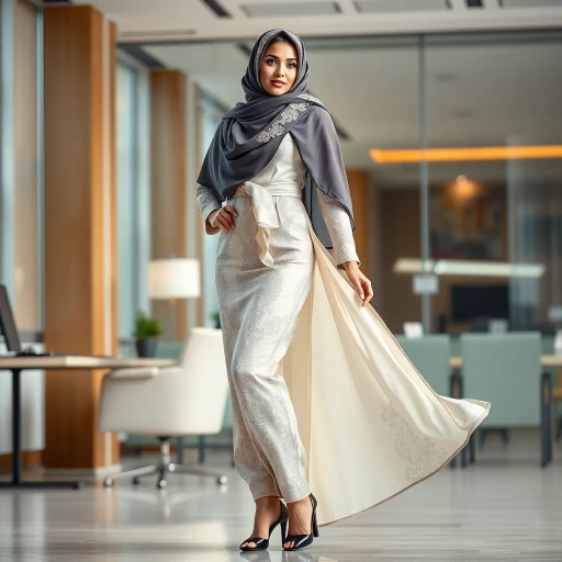 Arab woman, elegant hijab, professional setting, modern workplace, high heels, Middle Eastern culture, contemporary art, intricate patterns, vibrant colors, soft lighting, dynamic pose, cultural expression, delicate fabrics, office environment, confident demeanor, sophisticated fashion, grace and poise, diverse representation, cultural fusion, empowerment, modernism, Impressionism influences, human form, balance and harmony, Claude Monet, modern elegance, impressionistic lighting, rich textures, cultural identity, visual harmony, artistic blending, mood of empowerment, bold designs