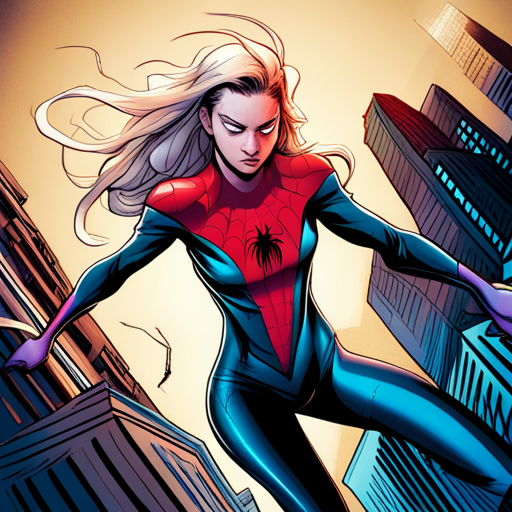 Ghost Spider, Marvel Comics, superheroes, arachnid powers, Peter Parker, Gwen Stacy, alternative universe, New York City, action-packed, dynamic composition, vibrant colors, web-slinging, crime-fighting, mask, costume, iconic poses, intense lighting, cityscape, graffiti, urban setting, high-energy, dramatic shadows, web patterns, kinetic lines, sequential art, movement, urban culture, street art, adrenaline rush