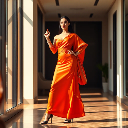 elegant arab lady, high-fashion heels, modern office, cultural elegance, vivid colors, dynamic composition, natural light, Henri Matisse influences, contemporary style, luxurious fabric textures, warm tones, poised expression, sleek silhouette, refined and sophisticated, detailed attire, graceful posture, Middle Eastern aesthetic, tradition meets modernity, evocative mood, subtle symbolism, realistic proportions, intricate detailing, empowerment theme, professional setting, vibrant color palette, artistic elegance, juxtaposition of ancient and modern, harmonious balance, clear light reflection, expressive poses, cultural pride, fusion of styles and eras, high contrast, sumptuous fabrics, narrative strength