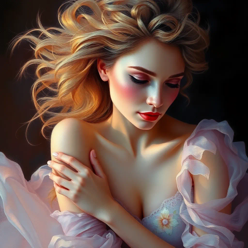 elegant women, graceful, ethereal, renaissance influence, chiaroscuro lighting, vibrant palette, fluid movement, delicate expressions, soft pastels, intricate detailing, romanticism, elegant poses, enchanting atmosphere, soft focus, ethereal glow, impressionist techniques, serene mood, brush stroke texture, harmony, contemplative mood, timeless beauty, captivating gaze, dreamlike composition, femme fatale aura, gentle curves, baroque elements