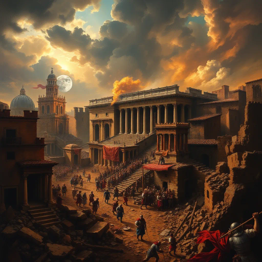 Visigoths, ancient Rome, chaotic cityscape, dramatic lighting, chiaroscuro, tumultuous emotions, historical drama, vivid storytelling, Alaric I, dark, somber tones, rubble and ruins, intricate detail, historical textiles, Renaissance influence, dynamic composition, expressive brushwork, historical artifacts, cultural collision, atmospheric tension, turbulent skies, Baroque intensity, rich textures, epic scale, classical architecture, aura of desolation, historical narrative, monumental scale, layers of history, pathos and loss