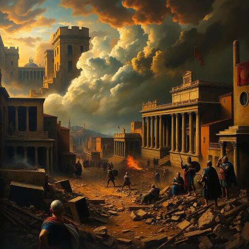 Visigoths, ancient Rome, chaotic cityscape, dramatic lighting, chiaroscuro, tumultuous emotions, historical drama, vivid storytelling, Alaric I, dark, somber tones, rubble and ruins, intricate detail, historical textiles, Renaissance influence, dynamic composition, expressive brushwork, historical artifacts, cultural collision, atmospheric tension, turbulent skies, Baroque intensity, rich textures, epic scale, classical architecture, aura of desolation, historical narrative, monumental scale, layers of history, pathos and loss