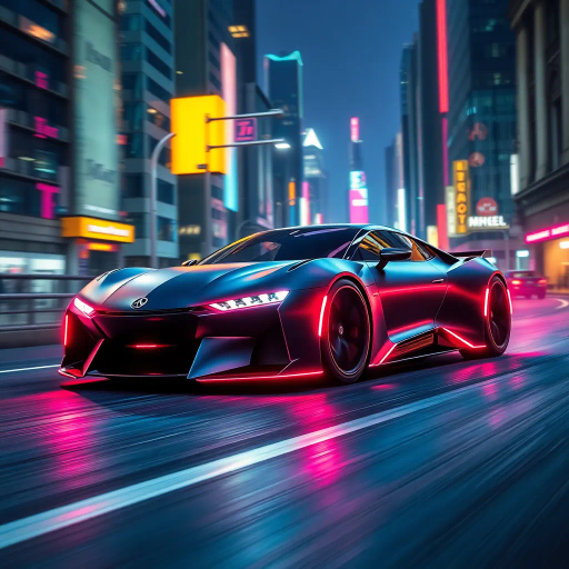 sleek futuristic car, neon lights, matte finish, cyberpunk cityscape, dynamic composition, vibrant colors, atmospheric lighting, speed and motion, 21st-century innovation, reflective surfaces, metallic textures, urban landscape, technological advancements, aerodynamic design, perspective distortion, cinematic framing, kinetic energy, movement and flow, modernism, urban exploration, imaginative transportation