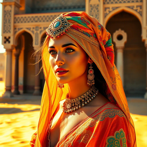 Arabian nights, vibrant colors, intricate patterns, gold accents, Henri Matisse, warm desert tones, graceful movement, rich textiles, cultural tapestry, surrealism, exotic elegance, moonlit sands, flowing fabrics, mystical allure, contemporary interpretation, shimmering heat, lush oasis, dynamic composition, sensual poise, atmospheric glow, dreamlike ambience