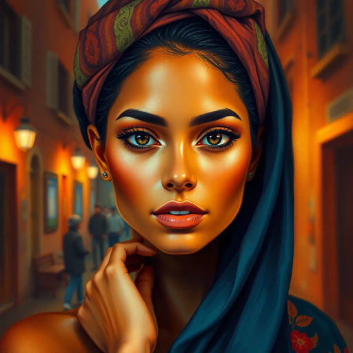 striking portrait, captivating gaze, vibrant colors, Diego Rivera influence, contemporary realism, soft lighting, rich textures, cultural heritage, warm color palette, graceful poise, expressive features, urban backdrop, dynamic composition, sense of confidence, ethereal atmosphere, modern elegance, timeless beauty, intricate details, emotional depth, life-like representation, harmony, balance, cultural symbolism, individuality, depth of character, layered storytelling