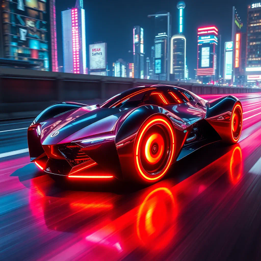 sleek futuristic automobile, inspired by Syd Mead, cybernetic aesthetic, dynamic movement, vibrant neon lights, high contrast shadows, aerodynamic curves, metallic and glossy textures, immersive depth, innovative design, urban landscape backdrop, night setting, bold color palette, capturing speed and energy, seamless integration, avant-garde, technological elegance, dramatic angles, expansive composition, vivid luminescence, urban futurism, technological sophistication, bold symmetry, light trails, hyper-detailed, electric ambiance