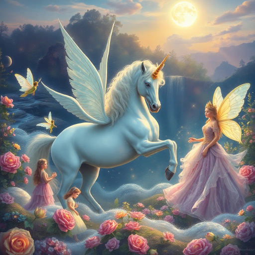 mythical unicorn, enchanting fairies, regal princess, ethereal glow, soft pastels, dreamlike landscape, intricate detail, romanticism, whimsical essence, magical realism, baroque influences, delicate brushstrokes, shimmering textures, enchanted forest, twilight ambiance, ethereal beauty, imaginative composition, vibrant flora, surreal atmosphere, celestial light, fairytale dimension, mythical creatures, gentle aura, serene emotion, opulent attire, mystical symbolism, fantasy narrative, luminous glow, vibrant pastel colors, ethereal luminosity, luminescent wings, flowing gowns, stardust, Arthur Rackham, Johan Christian Dahl, moonlit scenery, shimmering waterfalls, storybook charm, celestial aura, timeless fantasy, iridescent tones, enchanting realm, mystical ambiance, fantasy realism, ethereal palette, celestial landscape