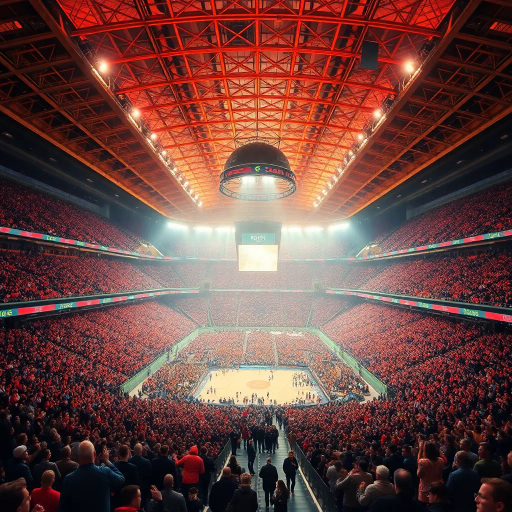 vast open space, dynamic composition, atmospheric lighting, vibrant crowd, panoramic perspective, sports arena, excitement in the air, detailed architecture, grand scale, emotional intensity, Claude Monet's influence, modern realism, vivid colors, immersive experience, geometric patterns, high contrast, dramatic shadows, cultural landmark, fluid movement, collective anticipation, energetic atmosphere, vibrant interplay of colors, symbolic representation of unity, time-lapse effect